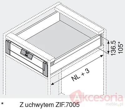 Szuflada Tandembox Wewnętrzna Wys.M=83mm dł.55cm 30kg SZARA Blum