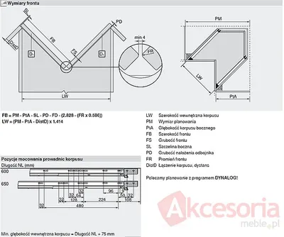 Szuflada narożna TANDEMBOX ANTARO z hamulcem / wys. M=83 mm / dł. 60 cm / 65 kg / biały