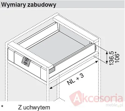 Szuflada INTIVO Wewnętrzna Wys.M=83mm dł.50cm 30kg INOX HAMULEC