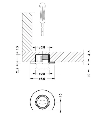 Regulator poziomu 304 CAMAR wpuszczany w płytę / wys. 15 mm