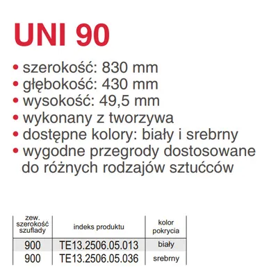 Wkład szufladowy UNI 90 830X430 1,6 MM tworzywo sztuczne metalik