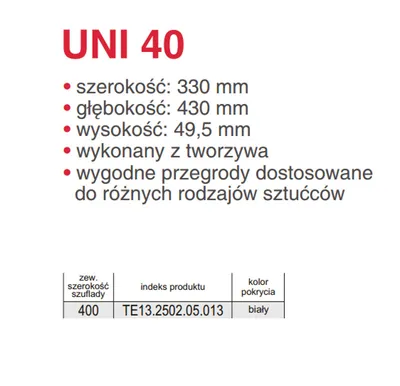 Wkład szufladowy z tworzywa UNI 40 cm - biały