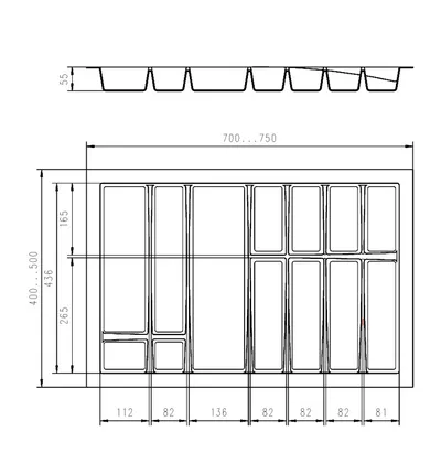 Wkład Na Sztućce Do Szer.80cm Głęb.50cm SREBRNY TWARDY gr.2.5mm