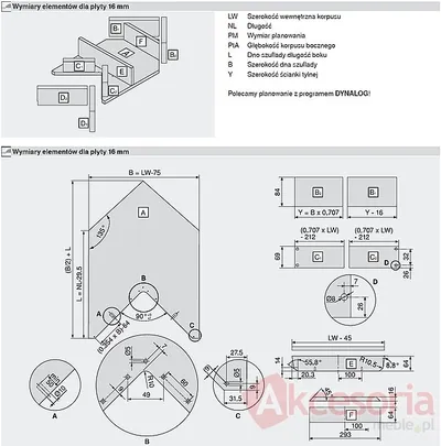 Szuflada Tandembox NAROŻNA Wys.D=198mm Dł.65cm 65kg SZARA