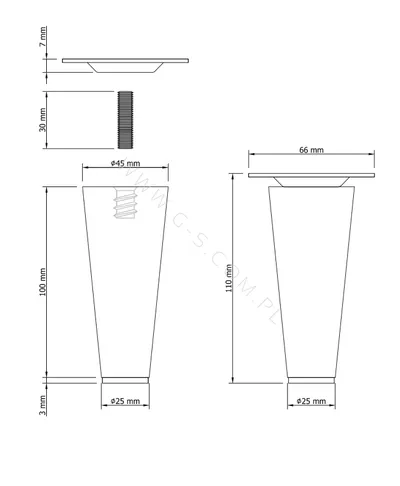 Noga dębowa z blachą montażową - lakier bezbarwny / stożek wys. 10 cm