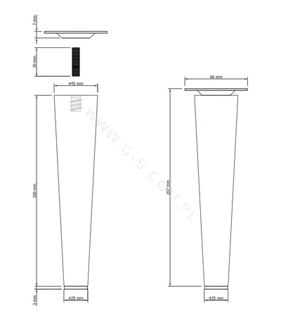 Noga dębowa z blachą montażową ND20 - lakier bezbarwny / stożek wys. 20 cm