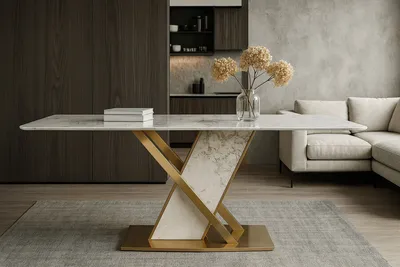 Stół MODIG 180x90 z podstawą w kształcie X - biały marmur/złoty
