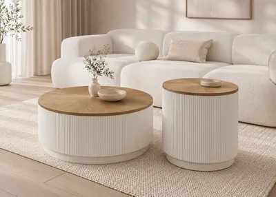 Stolik kawowy ryflowany ze schowkiem STILIG - naturalny/biały ecru
