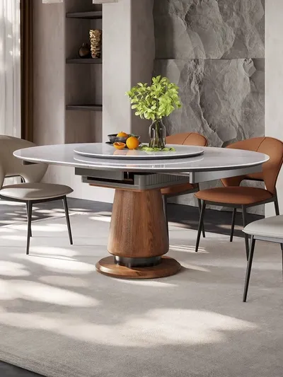 Stół rozkładany MERIDA 120/155x120 - biały marmur/orzech