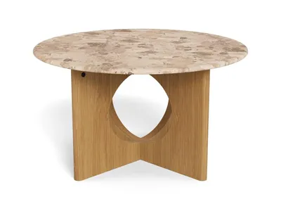 Stolik kawowy okrągły FOLEY 80 cm - beżowy marmur/dąb