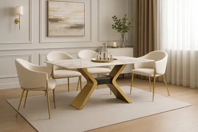Stół z podstawą X MODIG M40 180x90 - biały marmur/złoty