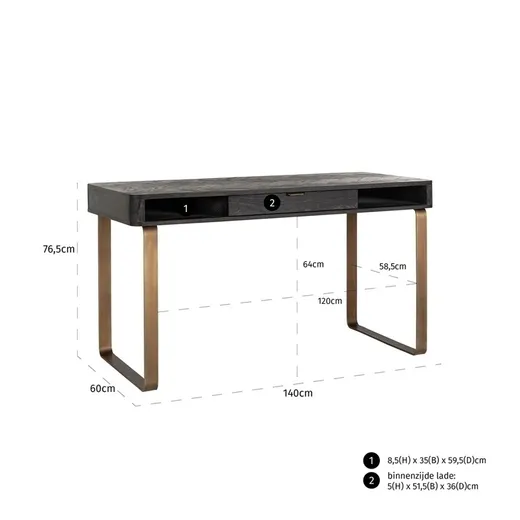 Biurko BLACKBONE BRASS 140x60 - czarny fornir/mosiądz