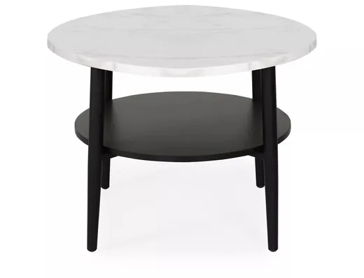 Stolik okrągły z półką ELLA B 60 cm - biały marmur/czarny