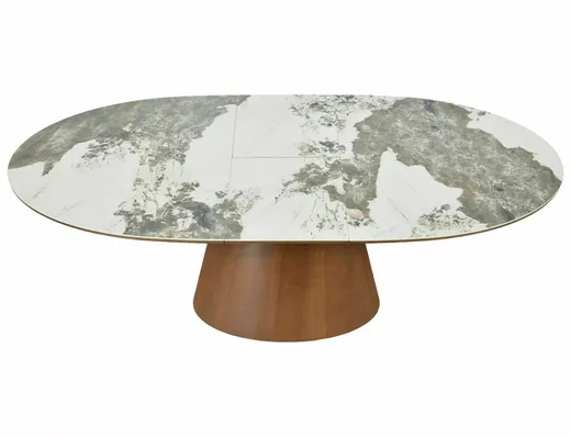 Stół owalny rozkładany MAROCCO CERAMIC 160/200x90 - biały połysk/orzech