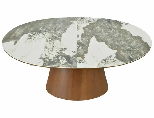 Stół owalny rozkładany MAROCCO CERAMIC 160/200x90 - biały połysk/orzech