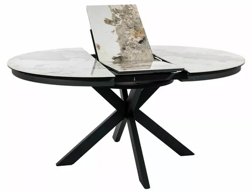 Stół okrągły rozkładany PORTO CERAMIC 120/160x120 - biały połysk/czarny