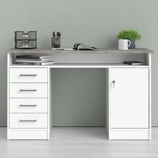 Biurko 1-drzwiowe z czterema szufladami FUNCTION 4S1D - biały/beton