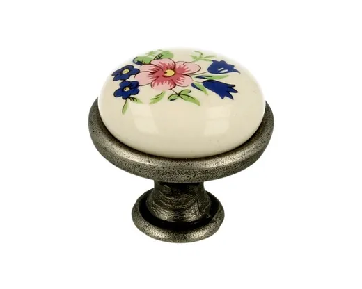 Gałka GP19 - nikiel patynowany, porcelana mleczna z kwiatem / fi 29 mm