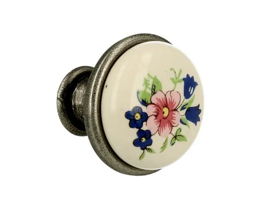 Gałka GP19 - nikiel patynowany, porcelana mleczna z kwiatem / fi 29 mm