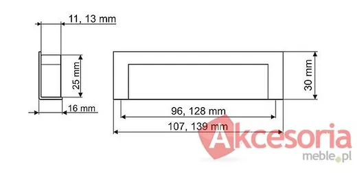 Rys. techniczny Uchwyt wpuszczany UN50 128 mm Chrom Satynowy