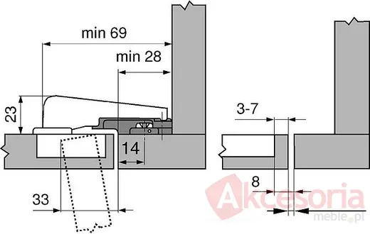 Zawias MODUL - nikiel / 95° / ze sprężyną / drzwi równoległe wpuszczane / puszka: na wkręty