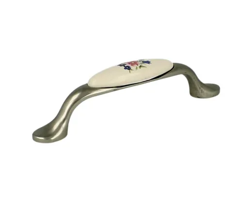 Uchwyt UP19 - nikiel patynowany, porcelana mleczna z kwiatem / rozstaw 96 mm