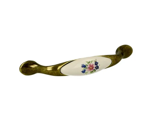 Uchwyt UP19 - mosiądz antyczny, porcelana mleczna z kwiatem / rozstaw 96 mm
