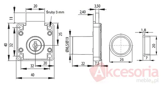 rysunek techniczny Zamek Kwadratowy X-850 Lewy