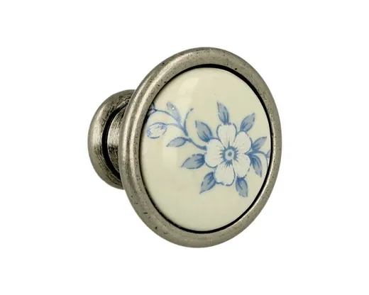 Gałka ROMANA 1700 - stare srebro, niebieski kwiat / fi 29 mm