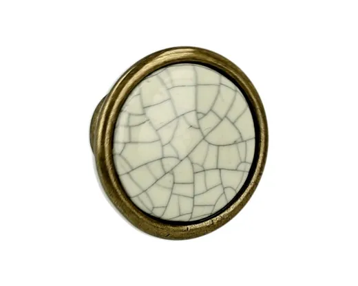 Gałka ROMANA 1700 - stary mosiądz, jasnobeżowa popękana porcelana / fi 29 mm