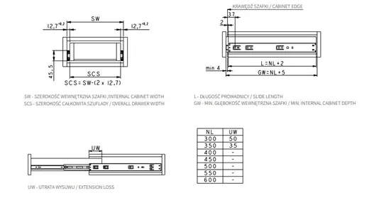 Prowadnica PK10 kulkowa TITAN hamulec/push to open dł. 60 cm, udźwig 35 kg H=45 mm