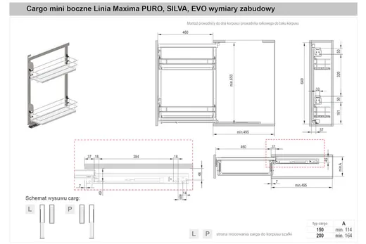 MAXIMA PURO Cargo mini boczne 150 lewe L-480 metal/szkło biały mat/bezbarwny
