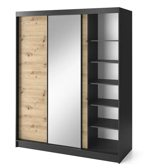 Szafa przesuwna z lustrem ESVILLE 3-drzwiowa - dąb artisan/czarny mat