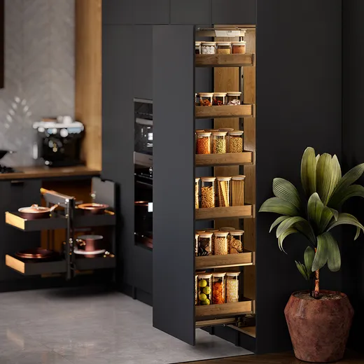 Stelaż + kosze Cargo Maxi Dolne MAXIMA PURO 40 cm / 170-190 cm / 5 półek / czarny/dąb + system jezdny FULTERER