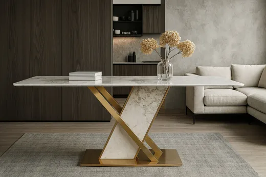 Stół MODIG 180x90 z podstawą w kształcie X - biały marmur/złoty
