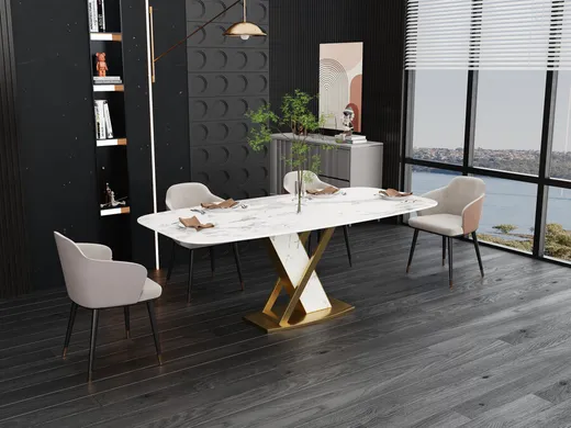 Stół MODIG 180x90 z podstawą w kształcie X - biały marmur/złoty