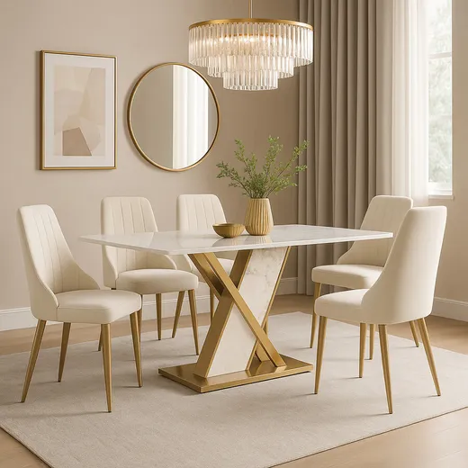 Stół MODIG 180x90 z podstawą w kształcie X - biały marmur/złoty