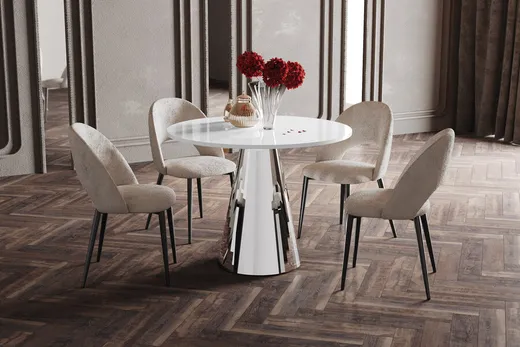 Stół okrągły PINETO GLAM 100 cm - wysoki połysk/biały/chrom