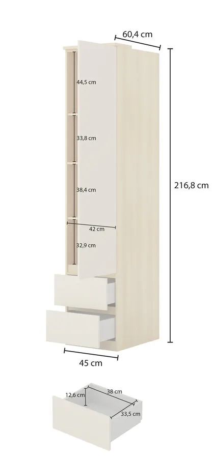 Regał głęboki z szufladami i długimi drzwiami TERRA 95 - dąb Lindberg/beż piaskowy