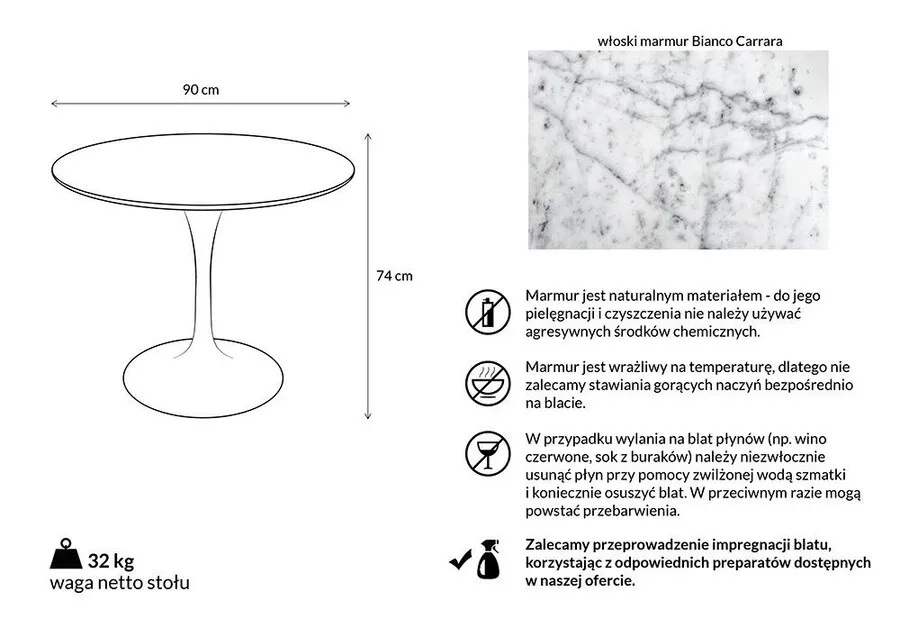 Stół okrągły TULIP Marble Carrara 90 - biały