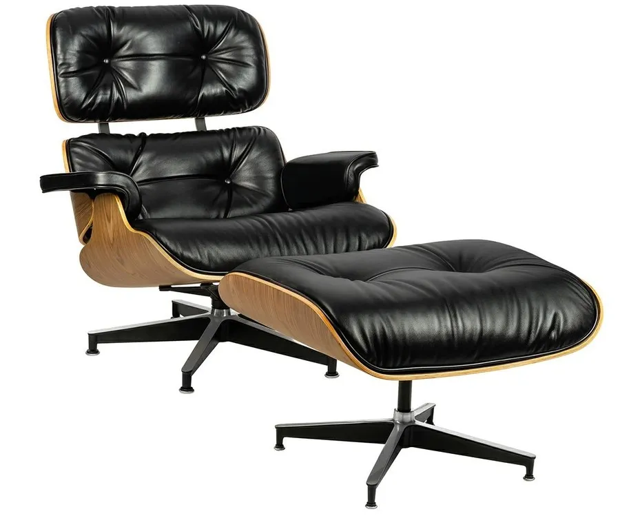 Fotel z podnóżkiem LOUNGE HM SOFT PREMIUM SZEROKI - czarna skóra/orzech