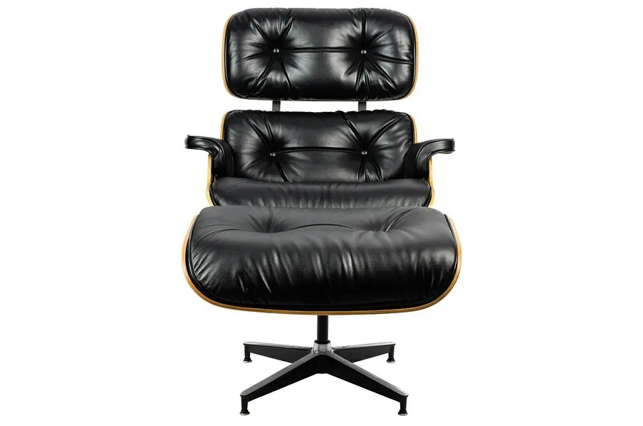 Fotel z podnóżkiem LOUNGE HM SOFT PREMIUM SZEROKI - czarna skóra/orzech