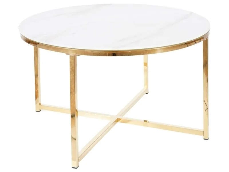Ława okrągła SALMA 80 cm - biały efekt marmuru/złoty