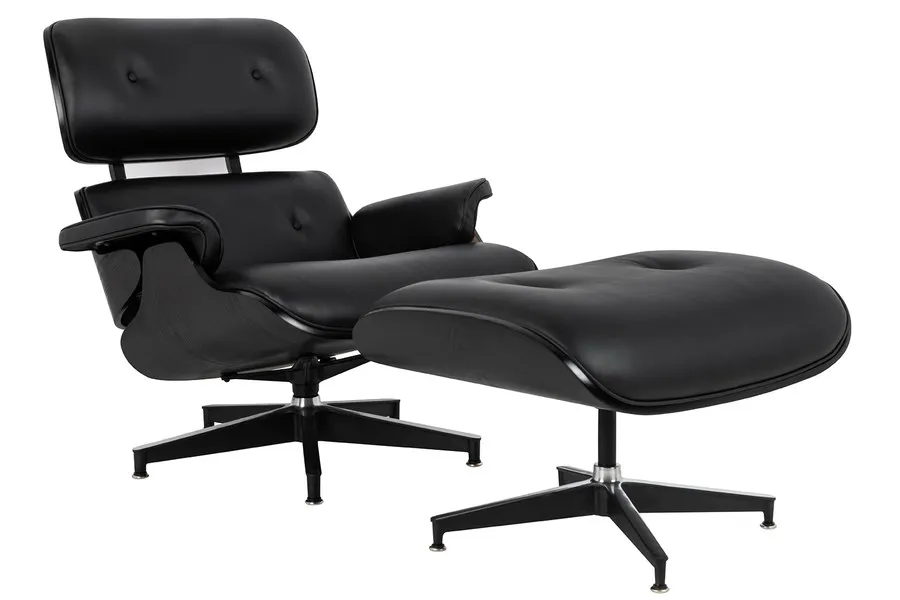Fotel z podnóżkiem LOUNGE HM PREMIUM SZEROKI - czarna skóra/czarny