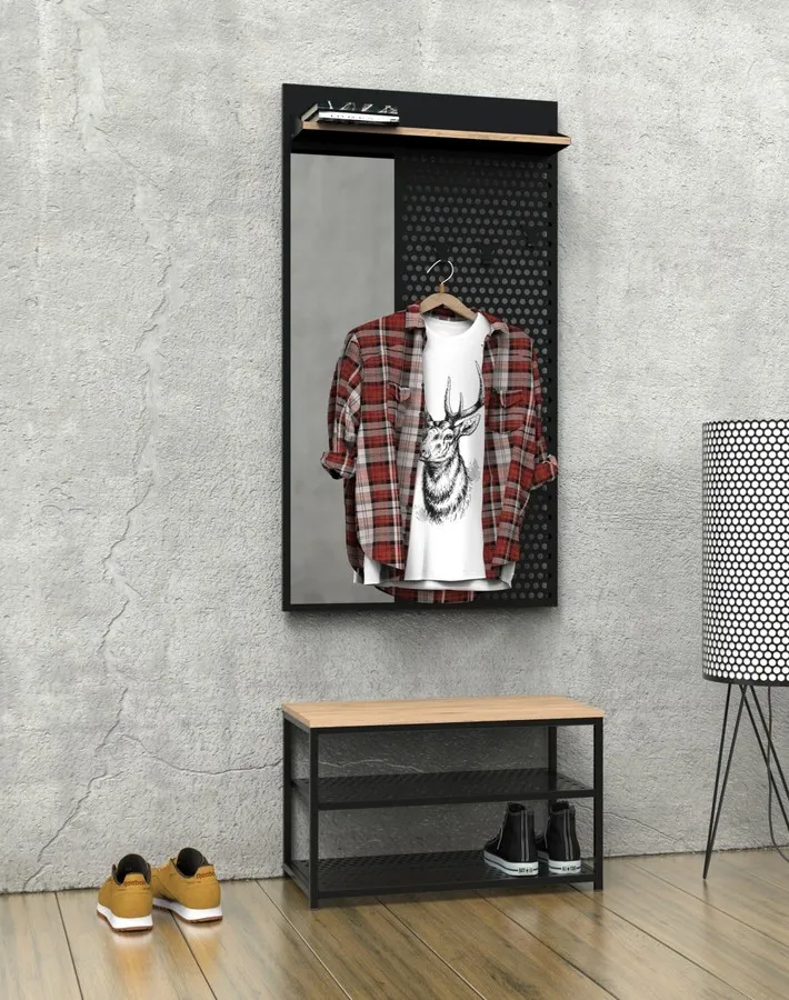 Szeroki wieszak ścienny z półką i lustrem LOFT