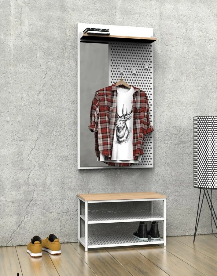 Szeroki wieszak ścienny z półką i lustrem LOFT