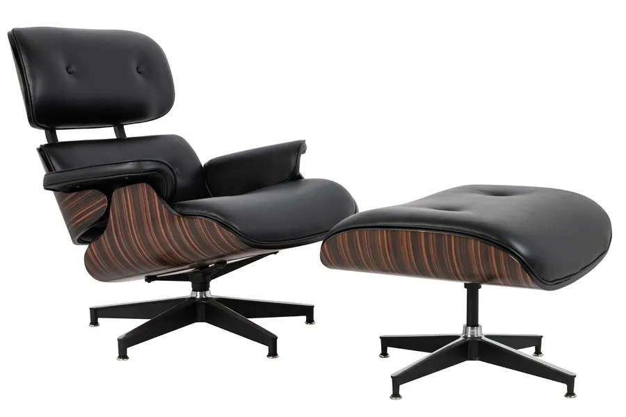 Fotel z podnóżkiem LOUNGE HM PREMIUM - czarna skóra/heban