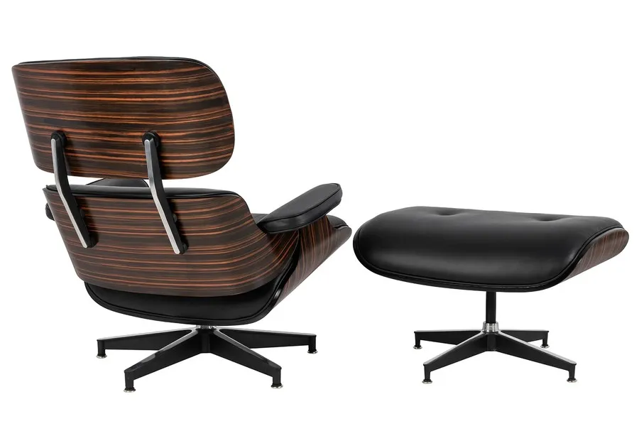Fotel z podnóżkiem LOUNGE HM PREMIUM - czarna skóra/heban