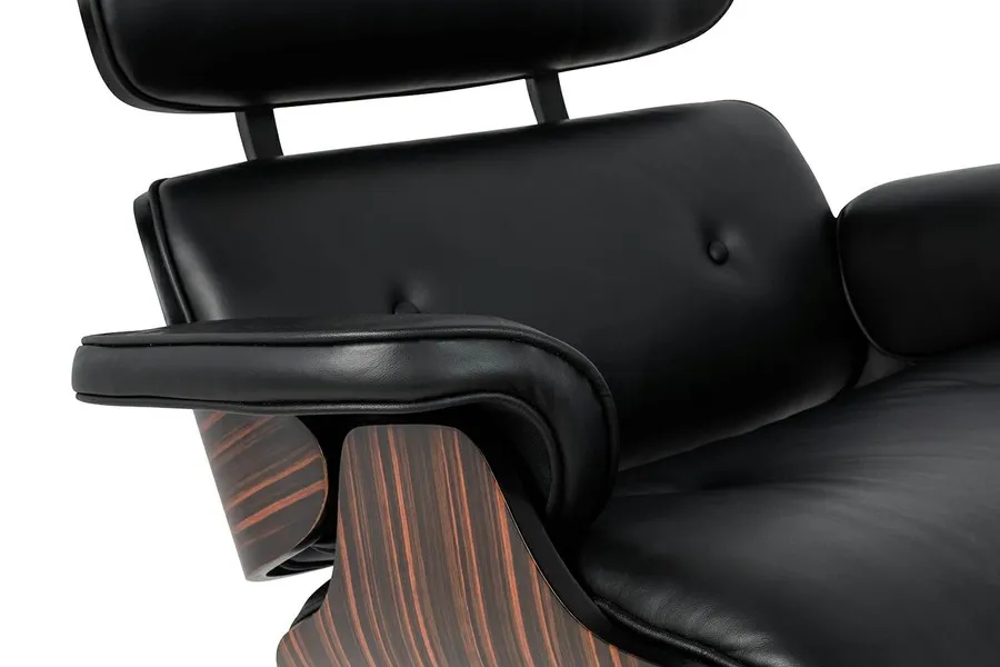 Fotel z podnóżkiem LOUNGE HM PREMIUM - czarna skóra/heban