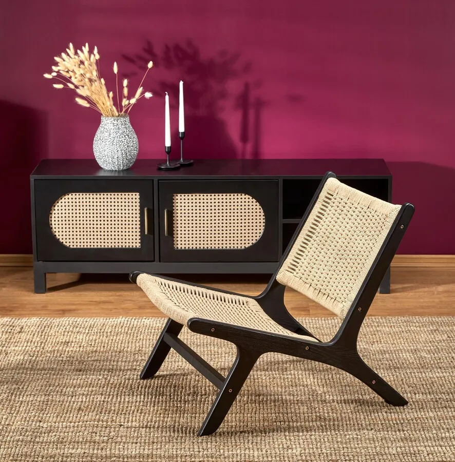 Fotel w stylu boho FODEN - czarny/naturalny